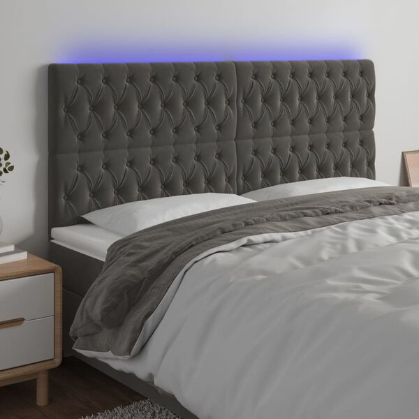 vidaXL Cabeceira de cama c/ LED veludo 200x7x118/128 cm cinza-escuro