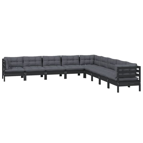 vidaXL 9 pcs conjunto lounge jardim c/ almofad&otilde;es pinho maci&ccedil;o preto