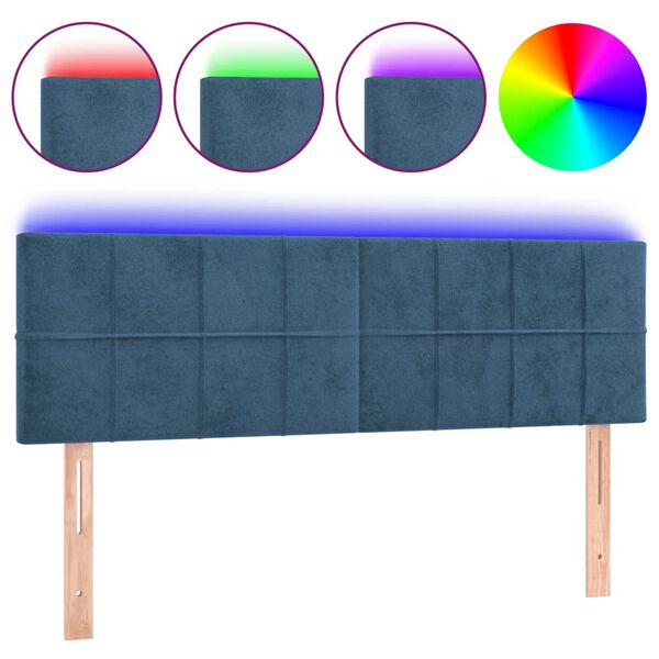 vidaXL Cabeceira de cama c/ luzes LED veludo 144x5x78/88cm azul-escuro