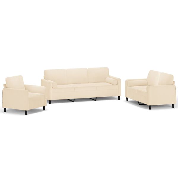 vidaXL 3 pcs conjunto sof&aacute;s c/ almofadas/almofad&otilde;es veludo cor creme
