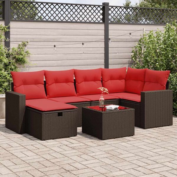 vidaXL 7 pcs conjunto de sof&aacute;s jardim c/ almofad&otilde;es vime PE castanho