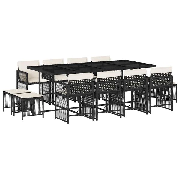vidaXL 13 pcs conjunto de jantar p/jardim com almofad&otilde;es vime PE preto
