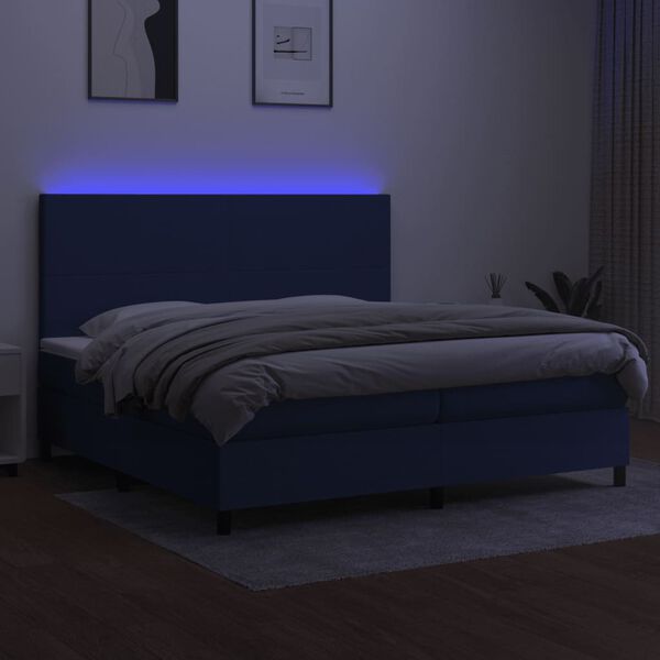 vidaXL Cama box spring c/ colch&atilde;o e LED 200x200 cm tecido azul