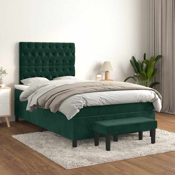 vidaXL Cama boxspring com colch&atilde;o 120x190 cm veludo verde-escuro