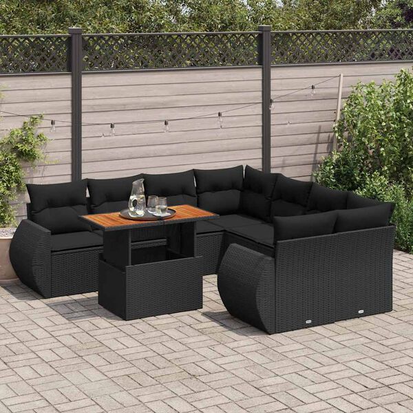 vidaXL 9 pcs conjunto de sof&aacute;s p/ jardim c/ almofad&otilde;es vime PE preto