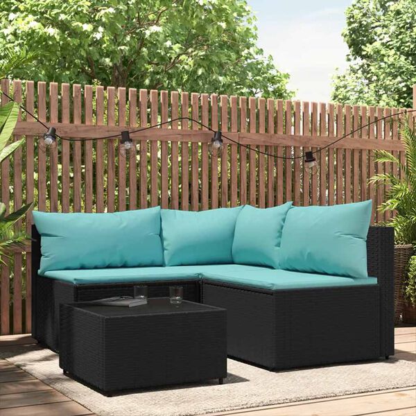 vidaXL 4 pcs conjunto lounge de jardim c/ almofad&otilde;es vime PE preto