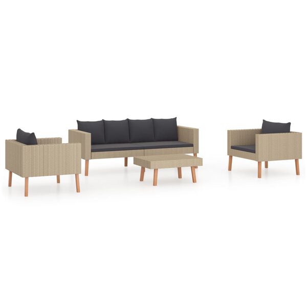 vidaXL 4 pcs conjunto lounge de jardim c/ almofadões vime PE bege