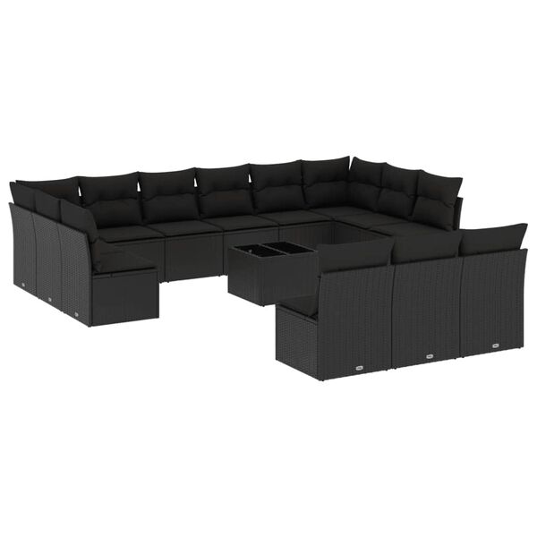 vidaXL 14 pcs conjunto de sofás p/ jardim c/ almofadões vime PE preto
