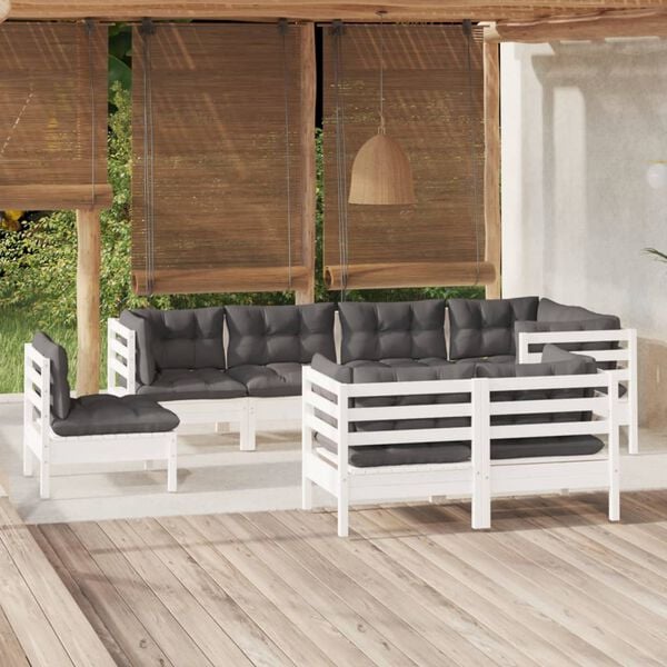 vidaXL 8 pcs conjunto lounge jardim c/ almofadões pinho maciço branco