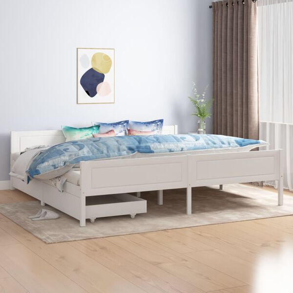 vidaXL Estrutura de cama com 2 gavetas 200x200 cm pinho maci&ccedil;o branco