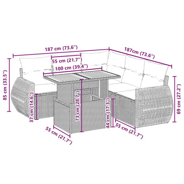 vidaXL 6 pcs conjunto de sof&aacute;s p/ jardim com almofad&otilde;es vime PE bege