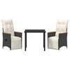 vidaXL Conjunto de Jantar para Jardim com almofada 3 pcs Preto vime PE
