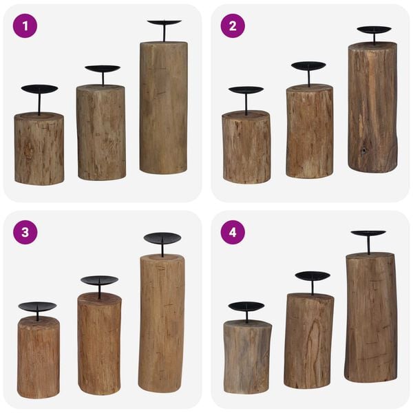 vidaXL Suporte de Velas 3 pcs Natural Madeira de teca maci&ccedil;a