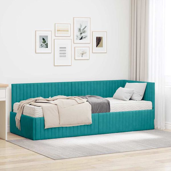 vidaXL Estrutura de Cama de Canto com Colch&atilde;o 2 pcs Turquesa Veludo