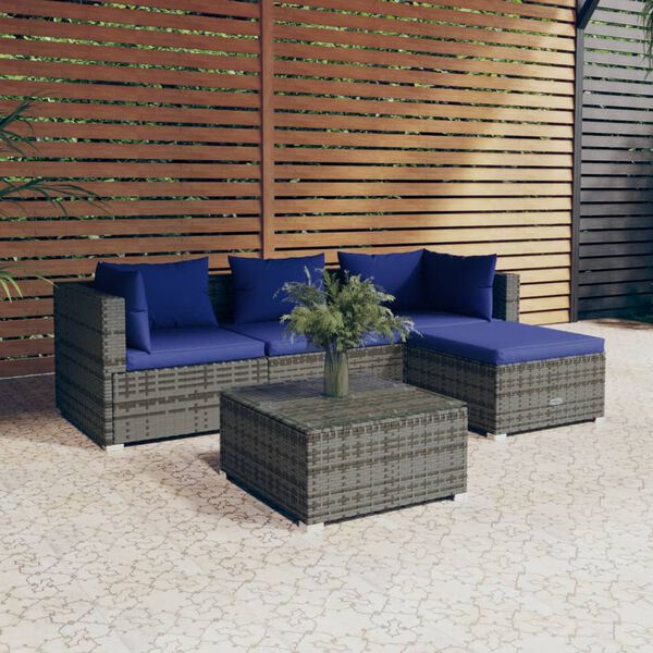 vidaXL 5 pcs conjunto lounge de jardim c/ almofad&otilde;es vime PE cinzento