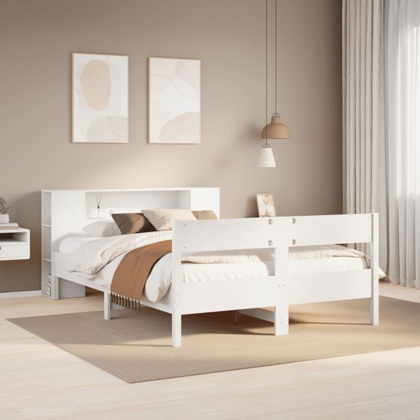 vidaXL Cama com estante sem colch&atilde;o 120x190 cm pinho maci&ccedil;o branco