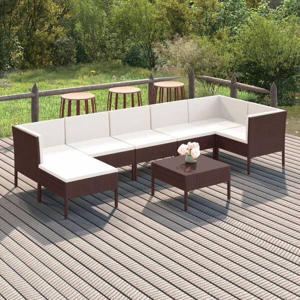 vidaXL 8 pcs conjunto lounge jardim c/ almofad&otilde;es vime PE castanho