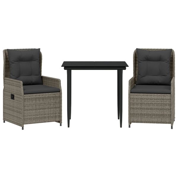 vidaXL 3 pcs conjunto de jantar p/ jardim c/ almofad&otilde;es vime PE cinza
