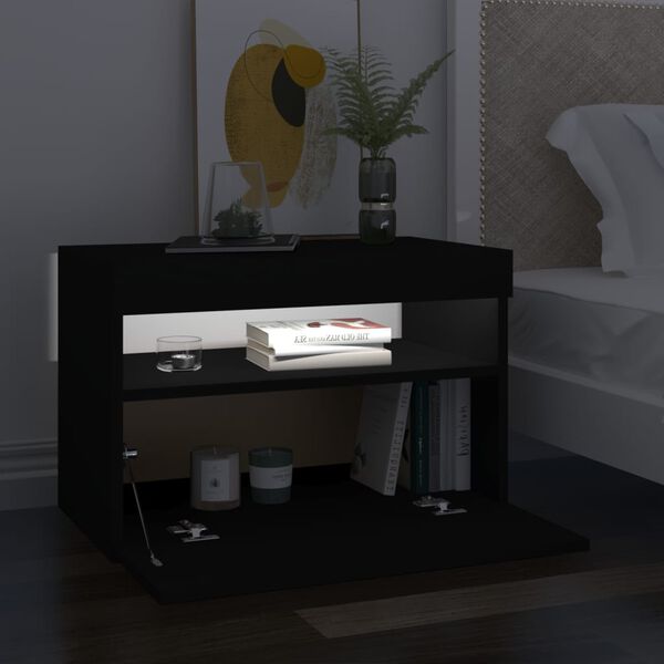 vidaXL Mesa de cabeceira & luzes LED 60x35x40 cm deriv. madeira preto