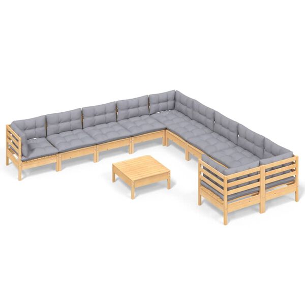 vidaXL 11 pcs conjunto lounge de jardim c/ almofad&otilde;es cinza pinho