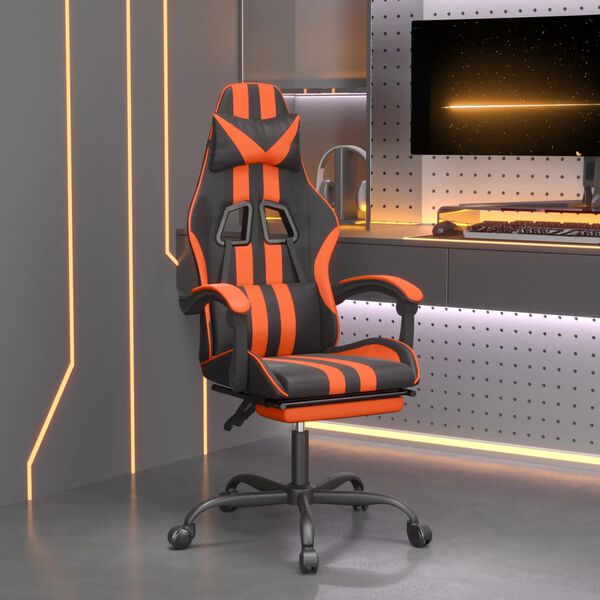 vidaXL Cadeira gaming c/ apoio p/ p&eacute;s couro artificial preto e laranja
