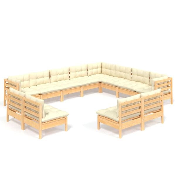 vidaXL 12 pcs conjunto lounge jardim c/ almofad&otilde;es creme pinho maci&ccedil;o