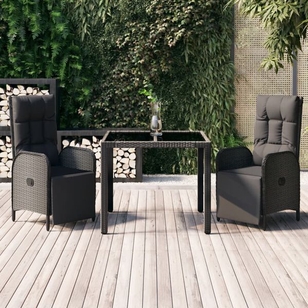 vidaXL 3 pcs conjunto de jantar p/ jardim c/ almofad&otilde;es vime PE preto