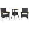 vidaXL 3 pcs conjunto jantar jardim c/ almofad&otilde;es vime PE/ac&aacute;cia preto