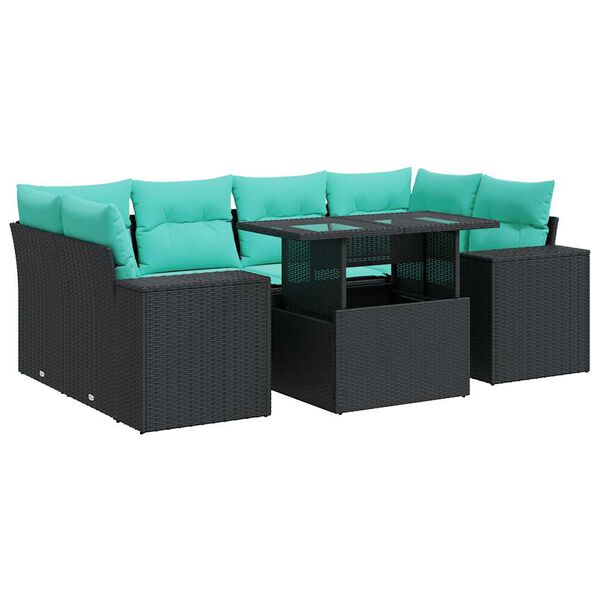 vidaXL 7 pcs conjunto sof&aacute;s jardim c/ almofad&otilde;es vime PE/ac&aacute;cia preto