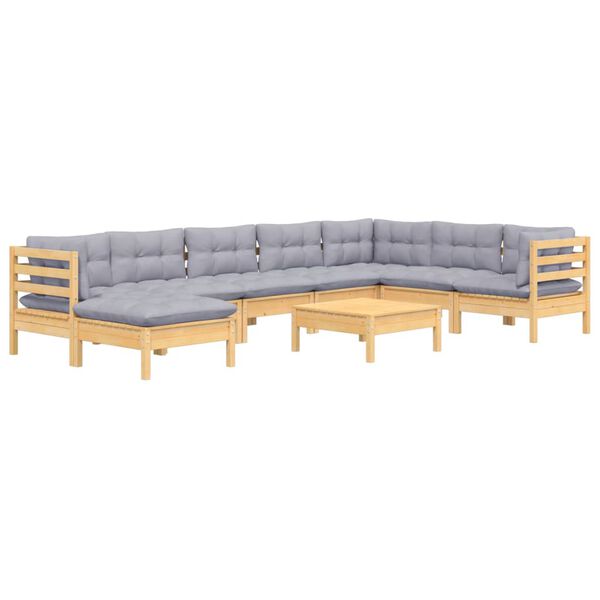 vidaXL 9 pcs conjunto lounge de jardim + almofad&otilde;es cinza pinho maci&ccedil;o