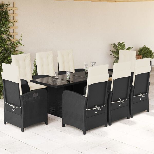 vidaXL 9 pcs conjunto de jantar p/ jardim c/ almofad&otilde;es vime PE preto