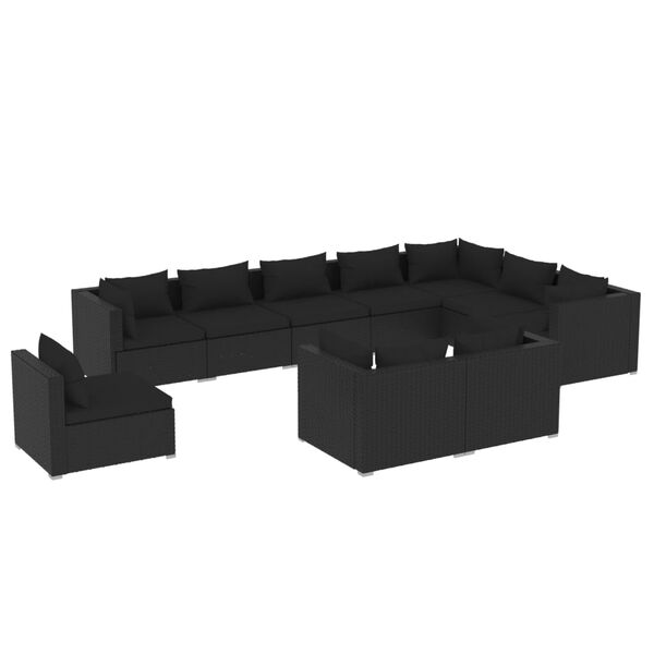 vidaXL 10 pcs conjunto lounge de jardim c/ almofad&otilde;es vime PE preto