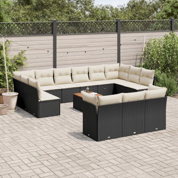 vidaXL 14 pcs conjunto de sof&aacute;s p/ jardim c/ almofad&otilde;es vime PE preto