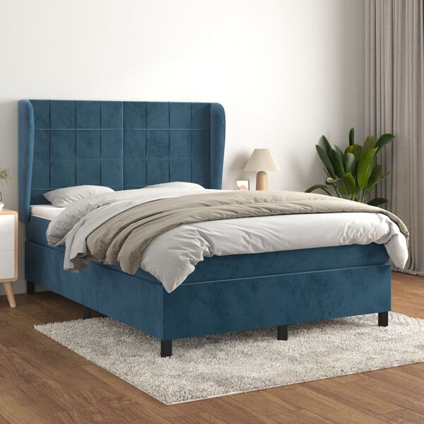 vidaXL Cama com molas/colch&atilde;o 140x190 cm veludo azul-escuro