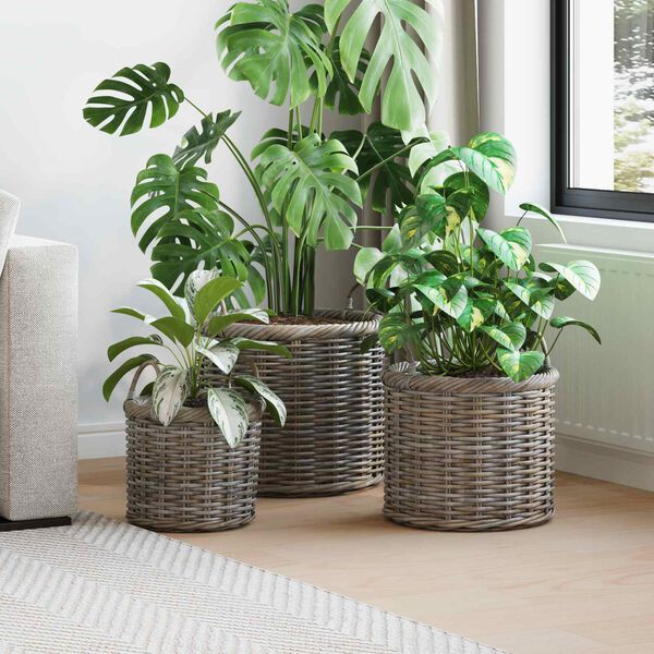 vidaXL Cesta de Plantas com armazenamento 3 pcs Cinza Kubu Rattan Kubu