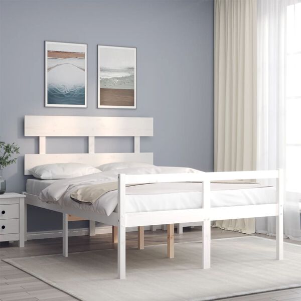 vidaXL Cama de casal para idosos c/ cabeceira madeira maci&ccedil;a branco