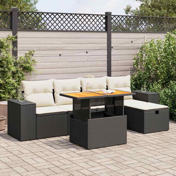 vidaXL 6 pcs conjunto sof&aacute;s jardim c/ almofad&otilde;es vime PE/ac&aacute;cia preto