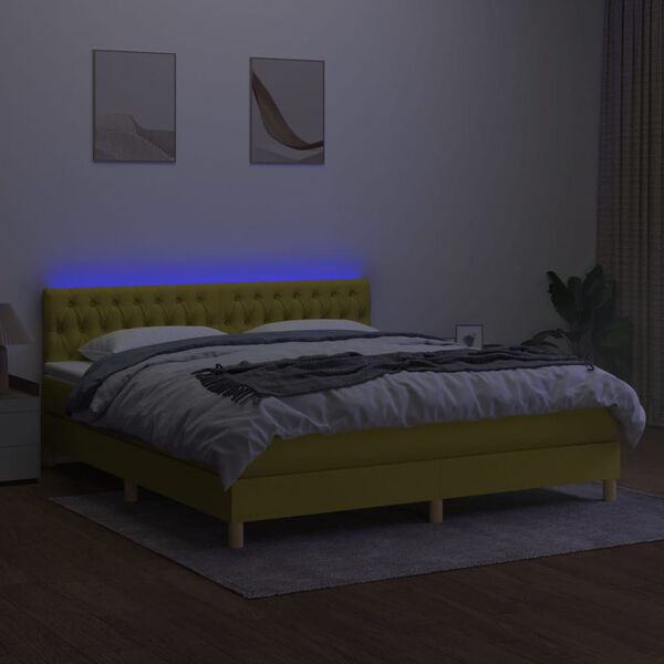 vidaXL Cama box spring c/ colch&atilde;o e LED 160x200 cm tecido verde