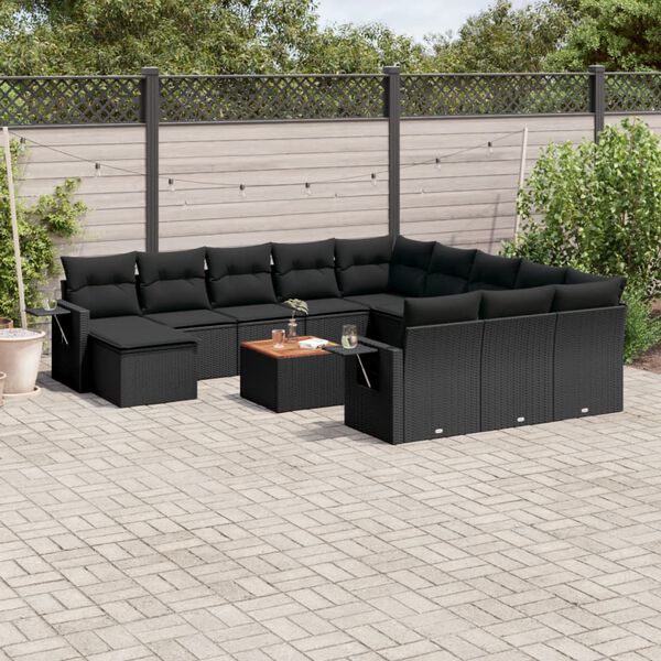 vidaXL 13 pcs conjunto de sof&aacute;s de jardim com almofad&otilde;es vime PE preto