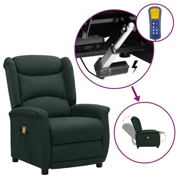 vidaXL Poltrona elevatória de massagens tecido verde-escuro