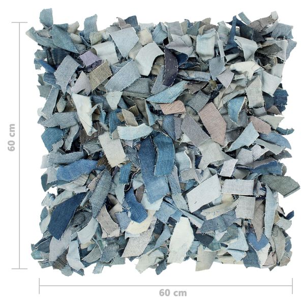 vidaXL Almofad&atilde;o 60x60 cm denim shaggy couro e algod&atilde;o azul