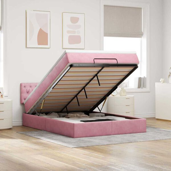vidaXL Estrutura de cama otomana com colch&atilde;o 140x190 cm veludo rosa