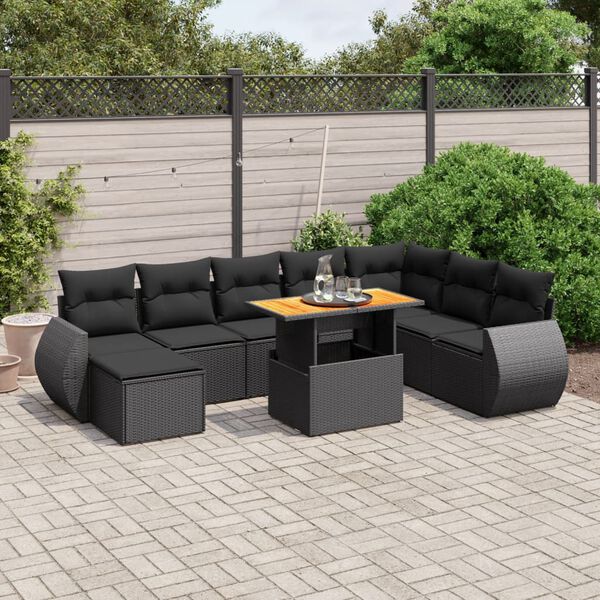 vidaXL 9 pcs conjunto de sof&aacute;s p/ jardim c/ almofad&otilde;es vime PE preto