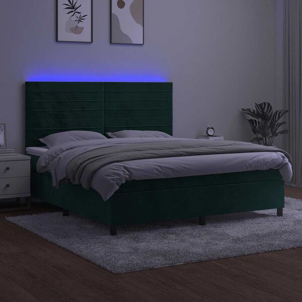 vidaXL Cama box spring c/ colch&atilde;o/LED 180x200 cm veludo verde-escuro