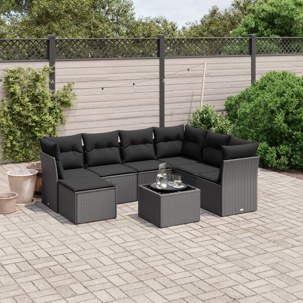 vidaXL 8 pcs conjunto sof&aacute;s de jardim com almofad&otilde;es vime PE preto
