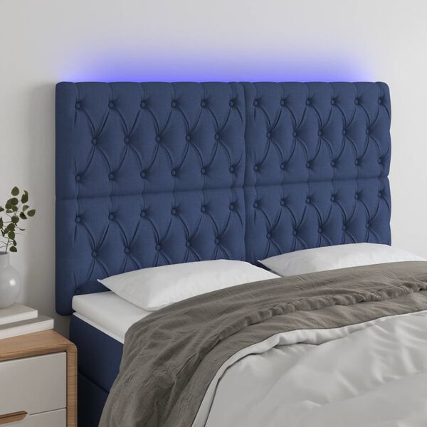 vidaXL Cabeceira de cama c/ luzes LED tecido 144x7x118/128 cm azul