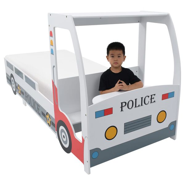 vidaXL Cama carro da policia infantil com colch&atilde;o de mem&oacute;ria 90x200 cm