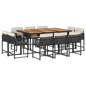 vidaXL 11 pcs conjunto de jantar p/ jardim c/ almofad&otilde;es vime PE preto