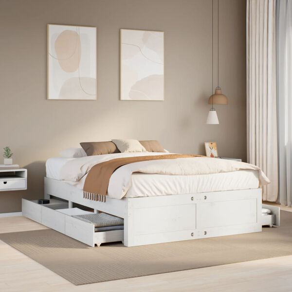 vidaXL Cama sem colch&atilde;o com gavetas 160x200 cm pinho maci&ccedil;o branco