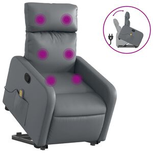 vidaXL Poltrona massagens reclin&aacute;vel elevat&oacute;ria couro artif. cinzento